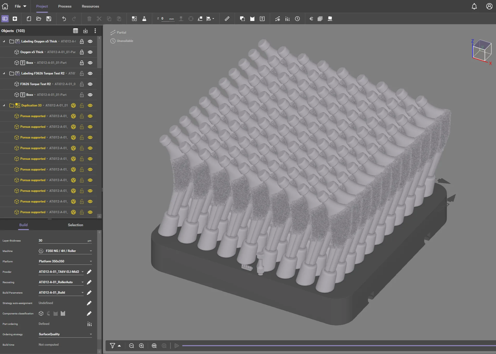 Build manager view of hip stem implants arranged across a build plate
