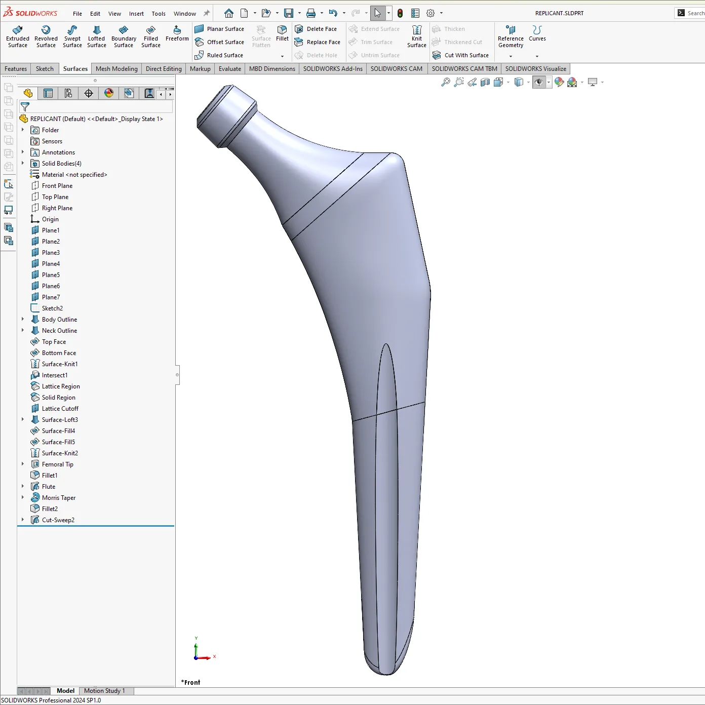 SolidWorks CAD model of a hip stem implant with its lattice region defined