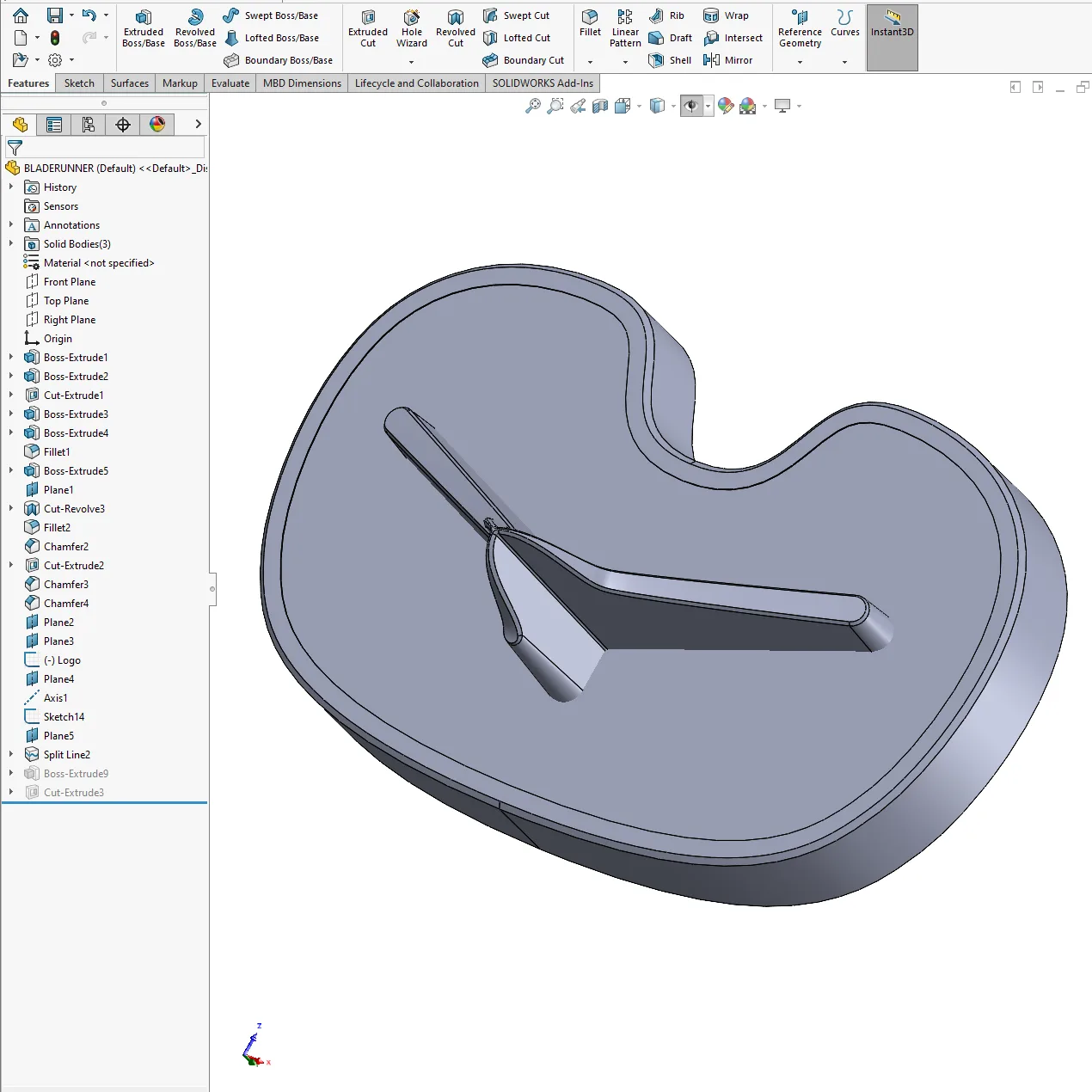 SolidWorks CAD model of a tibial tray implant viewed from above