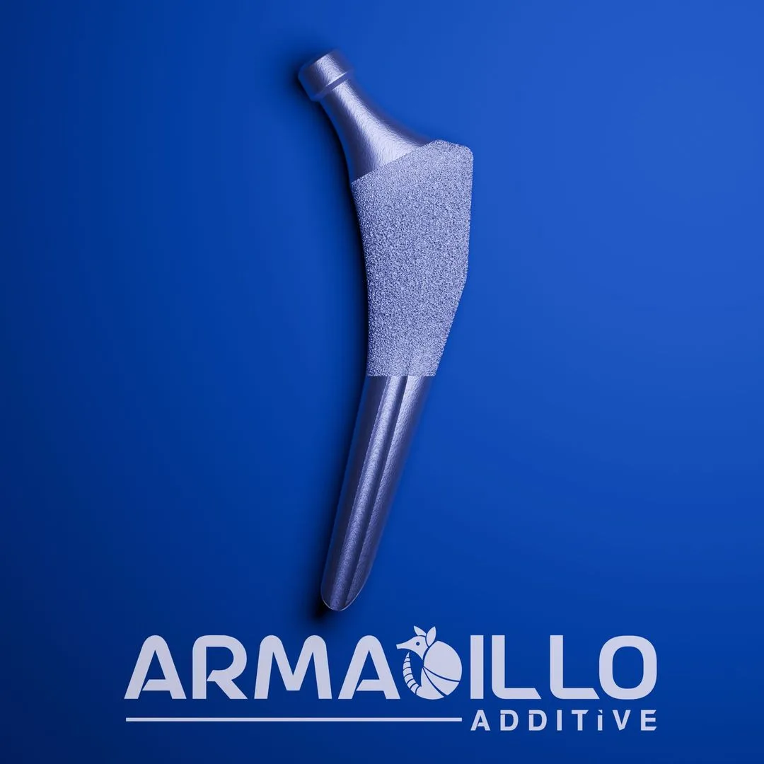 Render of a hip stem implant with a porous ingrowth surface
