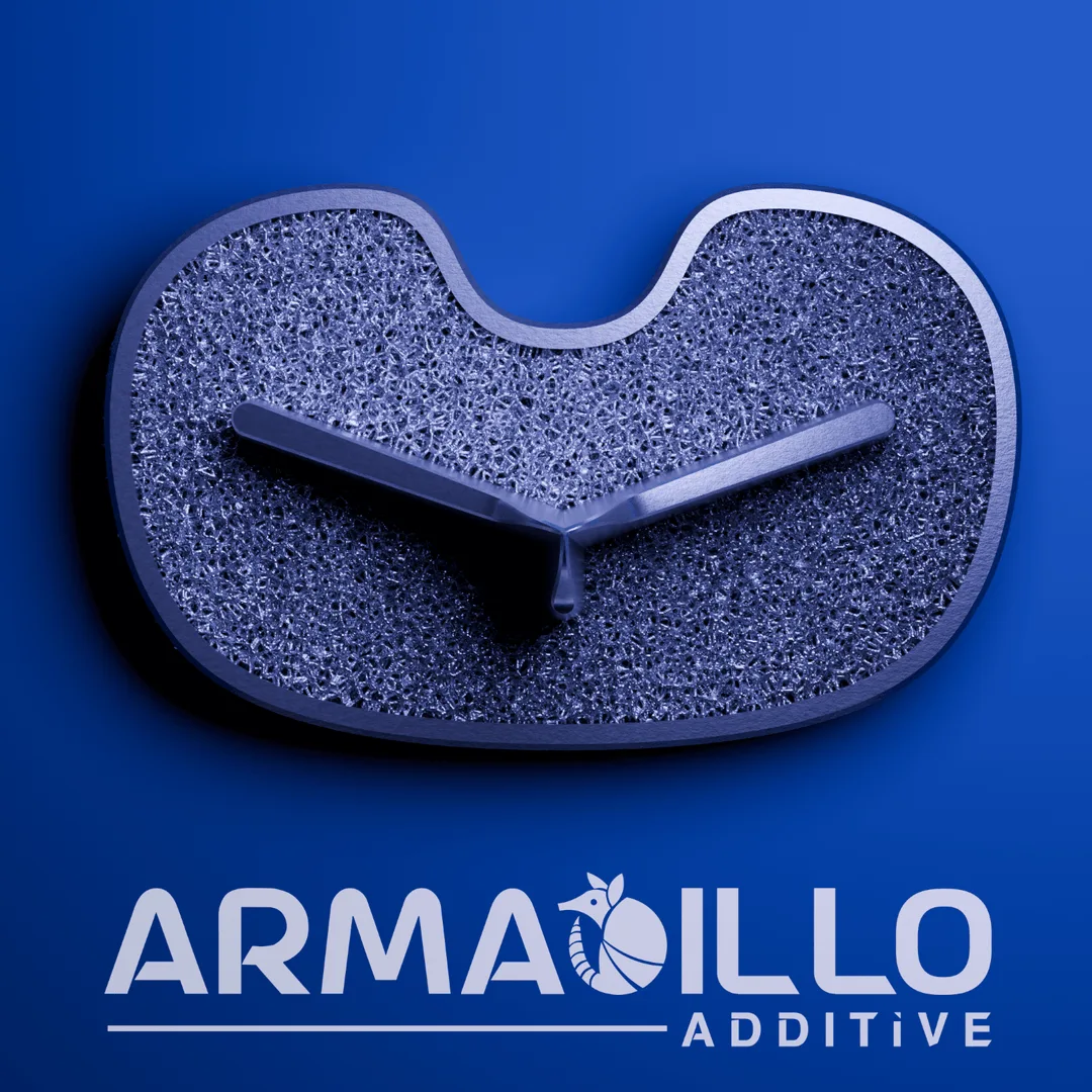 Top-down render of a tibial tray implant with a porous lattice surface